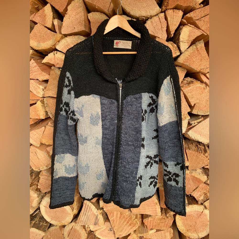 World Folk Art Imports‎ Wool Zip Up Knit Sweater Jacket Bolivia Black Blue Gray